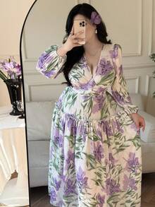 Flirla Women's Floral Print V-Neck Waist Cinched A-Line Maxi Dress, Chiffon, Soft & Lightweight, Garden, Date, Spring & Summer - Purple - View 3