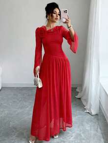 Rafferiza 女士新品：春、夏、秋季 - 优雅、浪漫、华丽 - 生日派对、晚宴、度假、日常穿着 - 优雅通勤 - 法式不对称肩领设计 - 手工缝制3D花朵 - 显瘦腰身 - 雪纺拼接 - 开衩 - 飘逸喇叭袖 - 女士中长款晚礼服 - 派对、圣诞节、新年时尚连衣裙 - 生日礼服 - 穆斯林连衣裙 - 红色长裙 - 情人节外出 - 大碎花连衣裙 - 嘉年华连衣裙 - 红色连衣裙 - 保守连衣裙 - 女孩派对连衣裙 - 不对称领连衣裙 - 浪漫雪纺连衣裙 - 紅色 - 查看 3