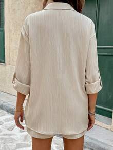 SHEIN 孕妇纯色卷袖单排扣抹胸上衣搭配可调节腰带短裤休闲套装 - 杏色 - 查看 2