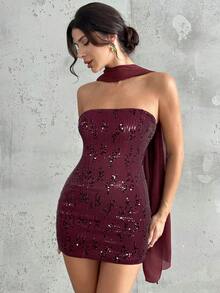 Firerie Đầm mini cúp ngực buộc dây eo bằng vải sequin bóng bẩy, thanh lịch dành cho nữ, thích hợp cho các buổi tiệc tùng, lễ hội, thời trang thu đông, dự tiệc cưới, trang phục gợi cảm đi club. - Màu Đỏ Sâu - Xem 8