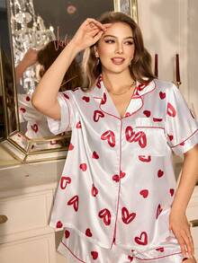 MuseNap CURVE 大码女式红色爱心印花府绸可爱甜美开衫短袖短裤睡衣套装 - 白色 - 查看 5