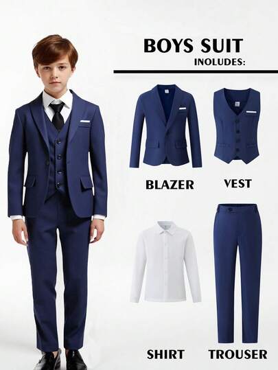 SHEIN 4 piezas Conjunto de traje formal elegante y de alta gama para niños para banquetes, bodas, actuaciones en el escenario, anfitrión. Incluye: Chaqueta de traje + Chaleco ajustado + Camisa de manga larga blanca + Pantalones casuales. Diseño clásico de cuello de traje, estilo príncipe lujoso y encantador