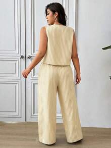 Lounesse Plus Size Women Casual/Office Elegant Striped Vest Shirt And Straight Leg Pants Set, Summer Outfits - Apricot - View 2