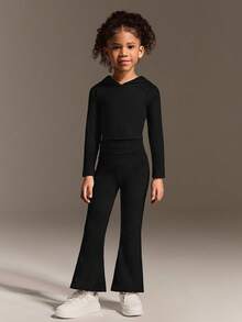 SHEIN Young Girls Black Ribbed Knit Set, Soft Pure Cotton High Stretch Rib Fabric Hoodie Outfit - Black - View 3