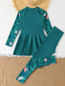 SHEIN 少女比基尼套装，可爱针织椰树印花面料，长袖上衣和长裤两件套泳装，含裙子，时尚休闲优雅，适合游泳、度假、夏季防晒泳衣套装，长袖泳装，少女比基尼泳装 - 綠色 - 查看 3