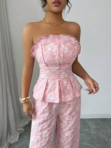 Elenzga Bộ đồ 2 món dành cho nữ, gồm áo hai dây và quần ống rộng họa tiết hoa jacquard, màu hồng thời trang. - Hồng - Xem 4