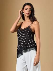Briarwyn Summer  Women's Contrast Lace Stain Polka Dot Print Asymmetric Hem Fashion Camisole,Valentine Outfits For Women ,Polka Dot Top - Multicolor - View 6