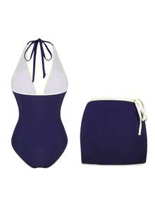 Swim Oasis 海军蓝白撞色V领镂空挂脖泳衣+腰带裙比基尼优雅套装，夏季 - 藏蓝色 - 查看 2