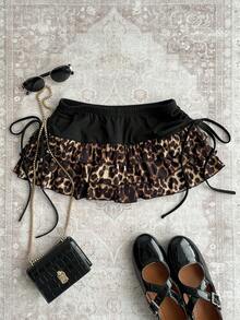 Attitoon 休闲复古朋克Y2K性感时尚，情人节音乐节西部哥特风，豹纹图案三层蛋糕裙泡泡裙拼接黑色撞色腰带侧抽绳褶皱女式迷你裙，适合夏季外出 - 彩色 - 查看 5