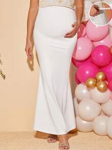 Loomaby Maternity Solid Color Adjustable Waist Elegant Mermaid Skirt,Gender Reveal Dress,Maternity Dress, Baby Shower Dress - White - View 1