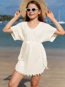 SHEIN Vestido casual de manga corta con cuello en V y fruncido de unicolor, versátil para niña preadolescente - Beis - Ver 3