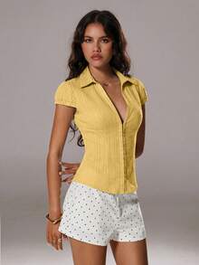 TRNVIE Camisa de algodón de manga corta, de rayas, con cuello, ajustada, de corte ceñido, con botones en el pecho, sexy, para oficina, de verano, en color blanco texturizado - Amarillo - Ver 5