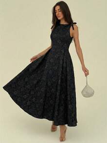 Aloruh Đầm dài nữ kiểu dáng thanh lịch, thắt eo, trang trí nơ jacquard, thích hợp cho các buổi hẹn hò và tiệc tùng. - màu đen - Xem 3