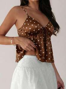 Almamuse Women's Polka Dot Bow Decor Ruffle Camisole, Fashionable & Versatile For Dates And Outings Brown Polka Dot Dress Pokadot Top Brown Top Women - Brown - View 3