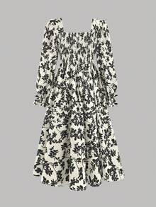 SHEIN Tween Girl Floral Printed Pattern Long Sleeve Dress - Apricot - View 7