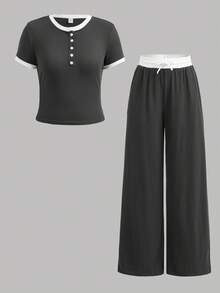 SHEIN Girlism 2件套少女春夏针织条纹撞色休闲修身基础款T恤和撞色腰部宽松口袋裤套装，少女休闲运动街头服饰，适合校园运动、返校、足球运动、户外舒适穿着。 - 深灰色 - 查看 11