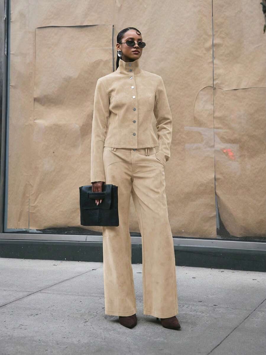 MUSERA Suedette Seam Detail Wide Jean Trousers Cool Girl Streetstyle Cute Fall Autumn Casual Summer - Cream - View 1