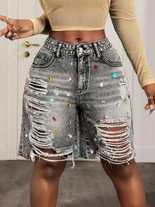 Slaydiva Women's Ripped Pocket Rhinestone Decor Casual Denim Shorts, Suitable For Street Style And Vacation Distressed Shorts Ripped Jean Short Jean Shorts Y2k - Grey - View 1