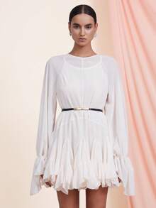 Aveloria Rosie 女士泡泡袖A字拼接迷你连衣裙 - 米色 - 查看 3