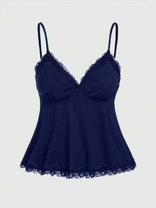 ROMWE Fairycore Summer Outfits Plus Size Elegant Solid Color Lace Trim Camisole - Navy Blue - View 1