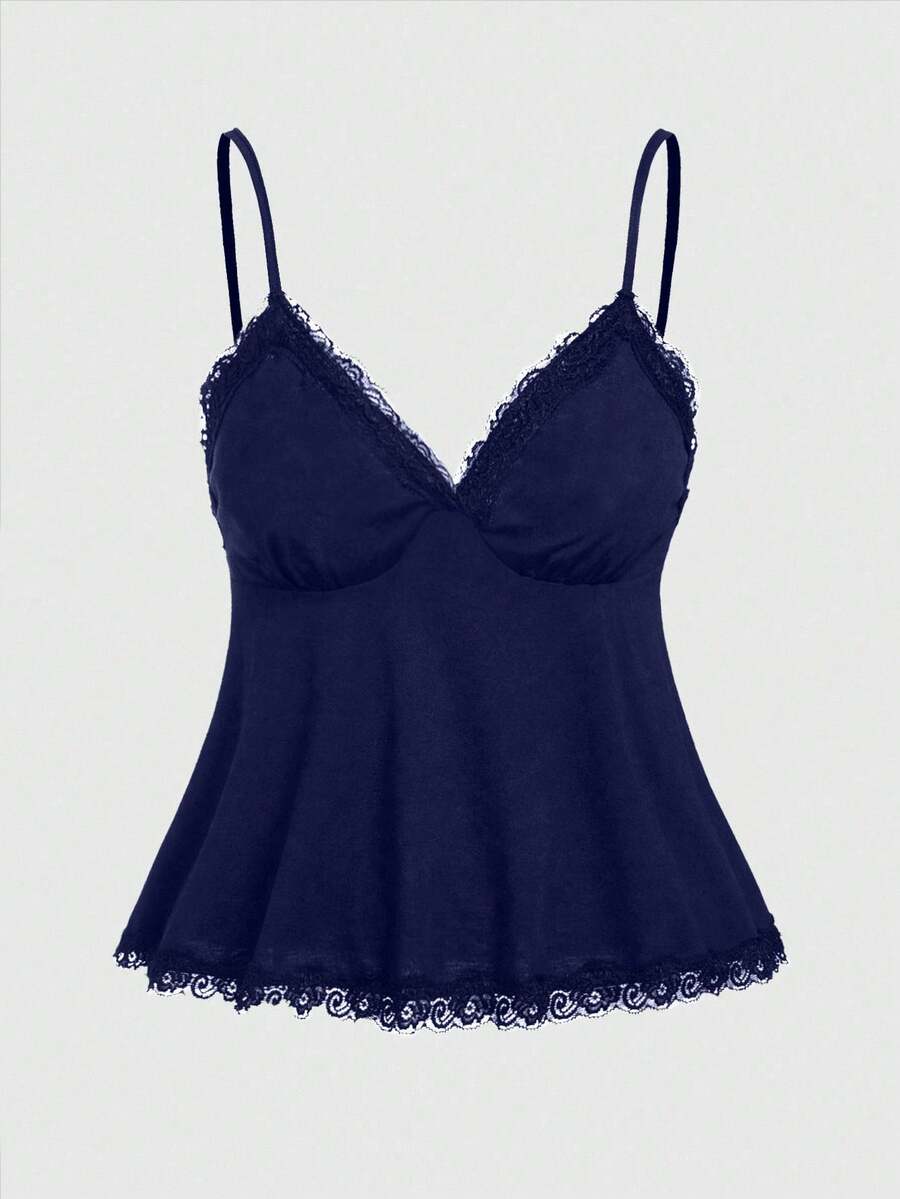 ROMWE Fairycore Summer Outfits Plus Size Elegant Solid Color Lace Trim Camisole - Navy Blue - View 1