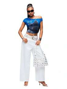 TypaGal White And Blue Summer Streetwear Y2k Night Women's Edgy Chic Black Cat Letter Polka Dot Print Asymmetric Neck Ruffle Fitted Cropped T-Shirt, Punk Style - Multicolor - View 3