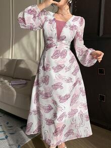 DAZY Spring Women's Elegant Floral Patchwork Lantern Sleeve Mid-Length Dress