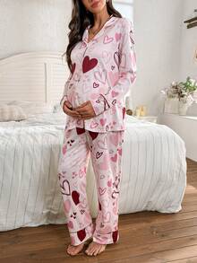 SHEIN Heart Print Lapel Long Sleeve & Pants Maternity Pajama Set, Suitable For Valentine's Day, Party - Pink - View 6
