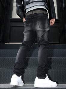 Manfinity Roughcore 男士黑色做旧拼接修身牛仔裤，街头风 - 黑色 - 查看 2