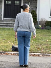 Melissa Matos 秋冬女士纯色拱形V领长袖单排扣针织开衫 - 灰色 - 查看 2