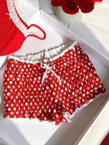 Comfortcana Women's Cute Red And White All-Over Print Frill Waist Bow Decor Ruched Shorts,Summer Lounge Beach Vacation Valentine's Day Spring Y2k Graphic Shorts - Red and White - View 6