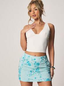 MISSGUIDED Sequin Embellished Floral Mini Skirt With Rhinestone Details Holiday Party Club Wear High Waisted Bodycon Festival Evening Sparkle - Blue - View 1