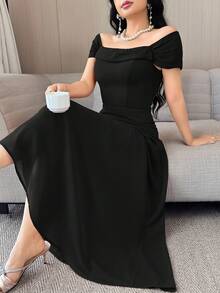 Feyla Đầm nữ thanh lịch màu trơn, trễ vai, thắt eo, thích hợp cho mùa hè. - màu đen - Xem 3