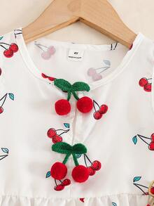 Souflis Souflis 2 pièces/set Haut sans manches avec décoration de pompons 3D cerises mignonnes et short rouge pour jeunes filles, tenue décontractée pour les vacances, été - Rouge - Voir 4