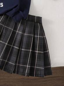 SHEIN Explorewe 少女时尚宽松休闲翻领上衣（二合一）+条纹格纹百搭A字裙，校园风 - 藏蓝色 - 查看 4