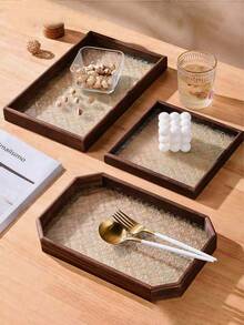 1pc Begonia Flower Vintage Embossed Wooden Glass Walnut Color Snack Storage Box Desktop Storage Dinner Plate Rectangular Polygonal Enamel Tea Tray Dried Fruit And Dessert Household Tray - Walnut - View 8