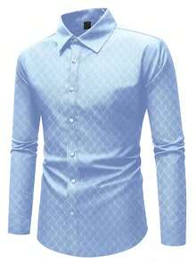 Manfinity Mode 男士时尚休闲商务通勤立领纯色长袖衬衫，男士正装衬衫，男士纯色衬衫。适合日常穿着、通勤上班、外出、聚会，可搭配西裤或西装出席派对、婚礼、蜜月等场合。可作为礼物送给儿子、丈夫、男友、父亲。秋季商务休闲男士衬衫，蓝色正装衬衫，男士奢华衬衫，浅蓝色衬衫，男士蓝色设计师衬衫。 - 淺藍色 - 查看 4