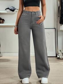 Jeanoix 女士高腰口袋阔腿宽松休闲牛仔裤 - 灰色 - 查看 4