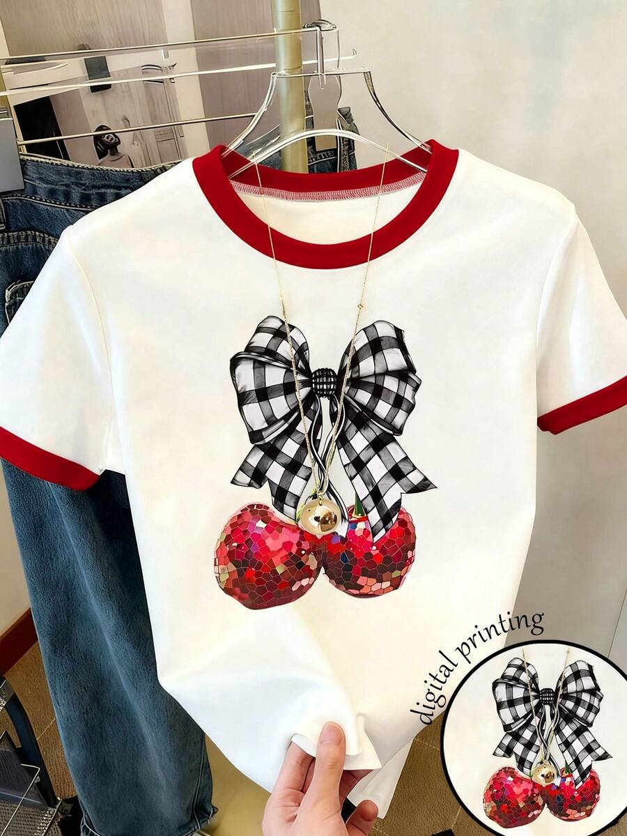 Resyla 女士樱桃印花短袖休闲圆领T恤 - 彩色 - 查看 1