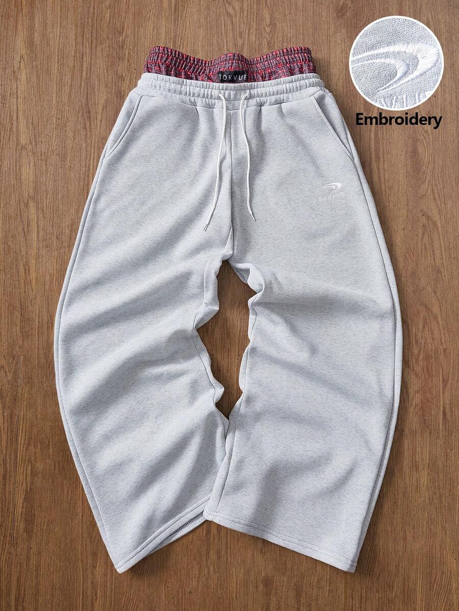 TOKVUE 男士休闲畅销款二合一腰带格子拼接裤，日常穿着，送给男友/老公的礼物，周年纪念礼物，浅灰色双腰带运动裤 - 彩色 - 查看 1