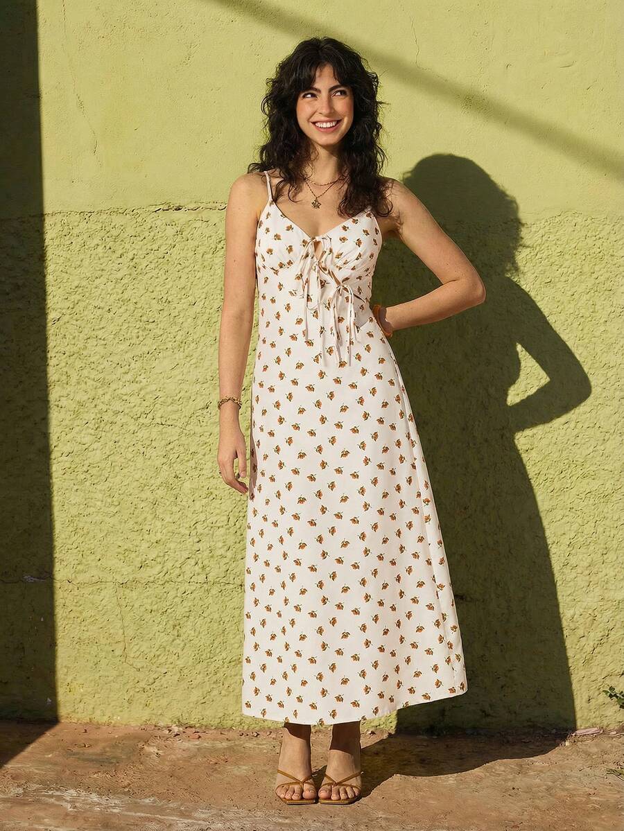 Felipe Marques Women's Floral Print Slit Backless Sexy Spaghetti Strap Sleeveless Maxi Dress, Casual For Resort, Beach, Bohemian Party, Suitable For Autumn, Spring, Winter - Apricot - View 1
