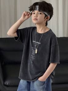 DAZY 青少年男童标语印花圆领休闲百搭日常短袖T恤 春季 - 灰色 - 查看 6