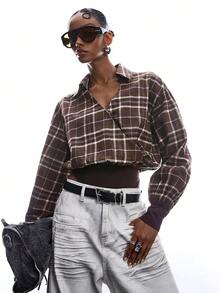 LYSMO 2026 New Arrive Minimalism Spring/Summer Women's Plaid Drop Shoulder Long Sleeve Casual Bodysuit - Brown - View 3