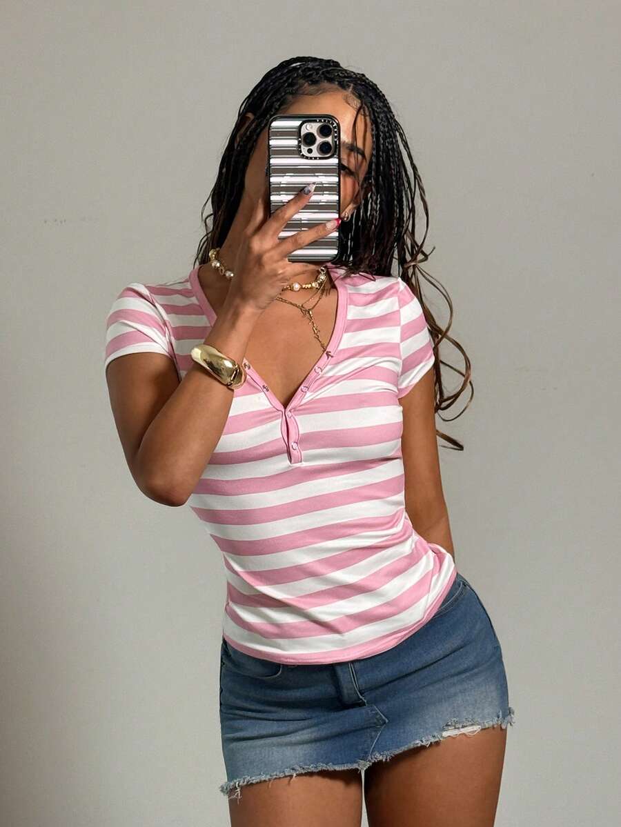 EgrlEra Women's Pink And White Striped V-Neck Short Sleeve Casual Versatile T-Shirt,Pink Top, Y2k Women,Spring Break Outfits - Pink - View 1