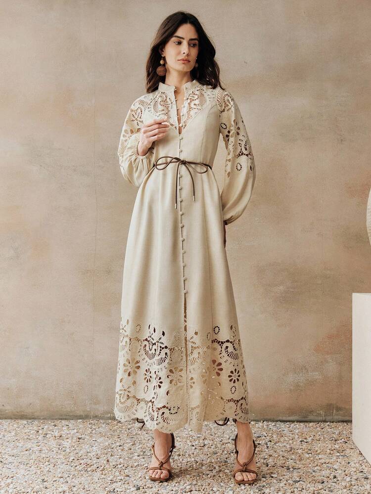 Women's New Elegant Lace Embroidery Belted Collar Button Front Long Sleeve Dress, Suitable For Valentine's Day, Women's Day, Mother's Day, Birthday, Vacation, Date Anthropologie Clothes Lantern Sleeve Dress French Style Dress Cottagecore Dress