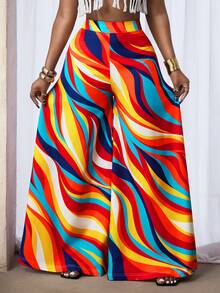 SHEIN BamGlam 彩虹波浪印花阔腿裤——飘逸高腰度假裤 - 彩色 - 查看 5