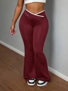 Slaydiva Quần nữ ống loe cạp chéo phối màu tương phản, kiểu dáng mới Thu Đông 2025, phong cách thường ngày đơn giản, đa năng, phù hợp cho đi học, dự tiệc, lễ hội, đi chơi, tập gym, chạy bộ, ăn trưa, dự tiệc. - Màu Đỏ Sâu - Xem 8