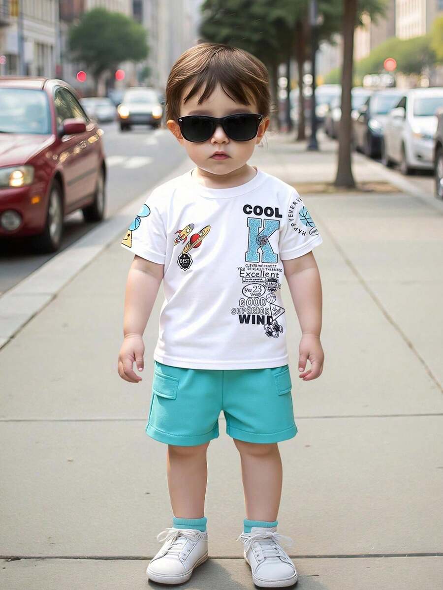 SHEIN Playful Pals 2件/組 嬰兒男童夏季套裝 白色卡通字母印花圓領短袖上衣與素色短褲 可愛城市度假活力時尚套裝 - 彩色 - 查看 1
