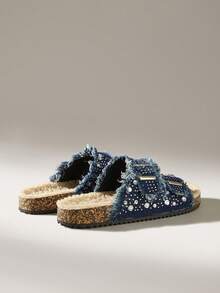 Solecia Women's Rhinestone Decor Buckle Thermal Lined Flat Sandals - Navy Blue - View 4