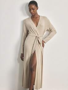 Ocili Women's Lyocell Fabric Warm Fleece Soft Comfortable Natural Minimalist Relaxed Mid-Sleeve Robe Sleepwear, Chic Autumn Slumber - Multicolor - View 6